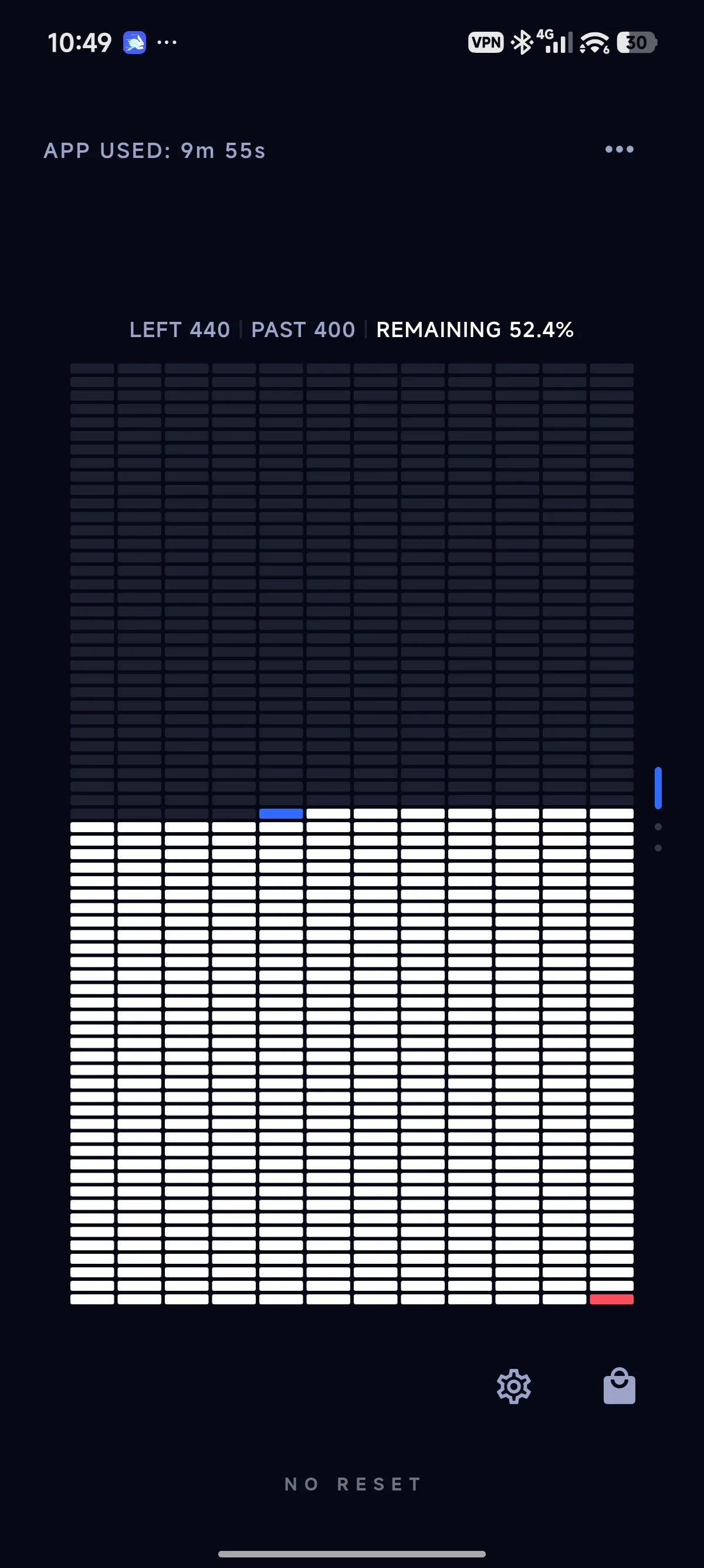 Finite life calendar showing weeks left, weeks passed, and 52.4 percent remaining