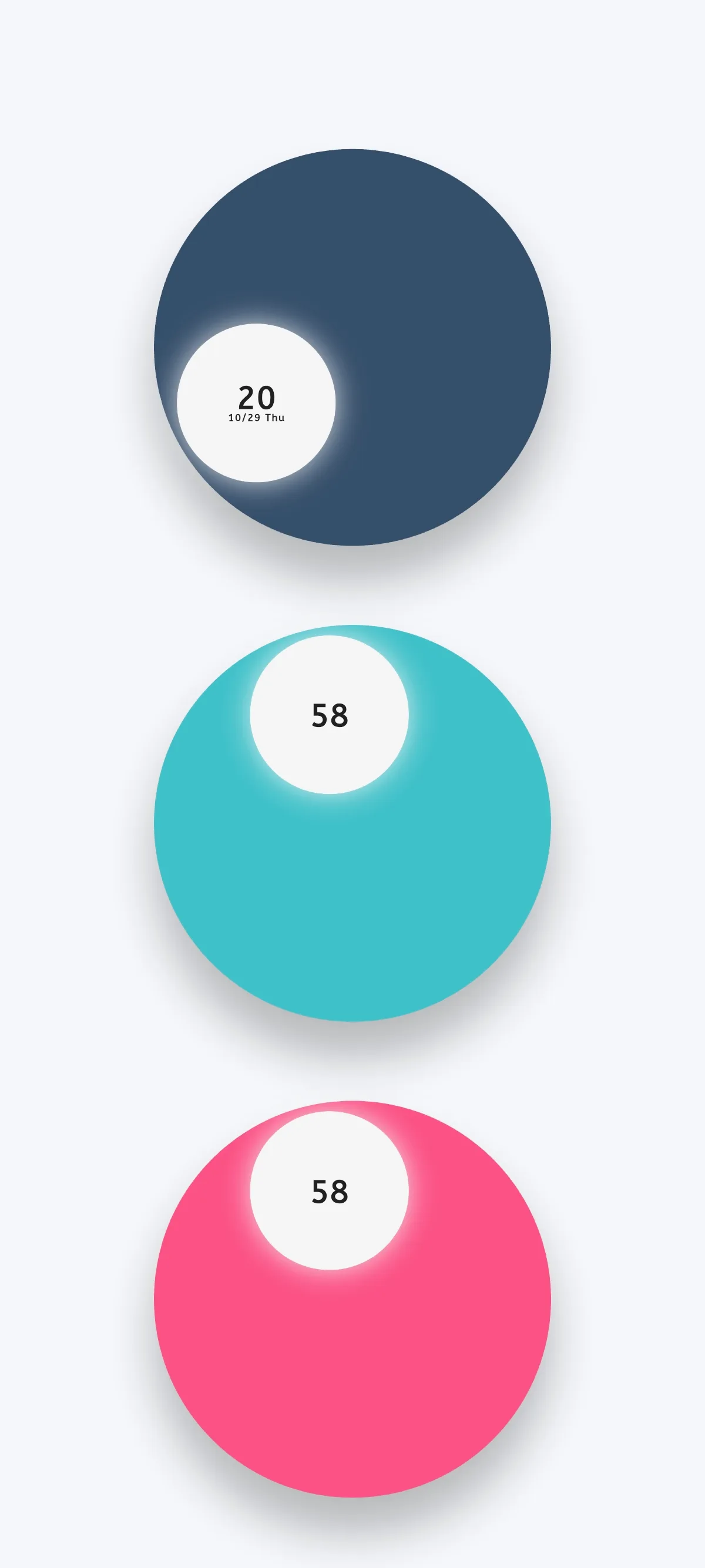Moc ball clock with navy, teal, and coral circles showing the date and time
